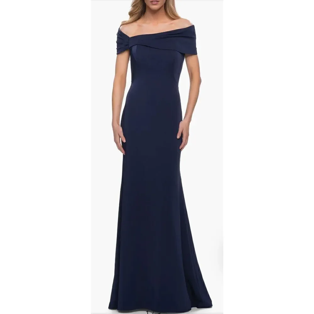 La Femme Off the Shoulder Gown in Navy Blue NWT Size 2